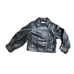 Mango MNG Womens Faux Leather Biker Moto‎ Jacket Cropped Ballon  Sleeves Size XS